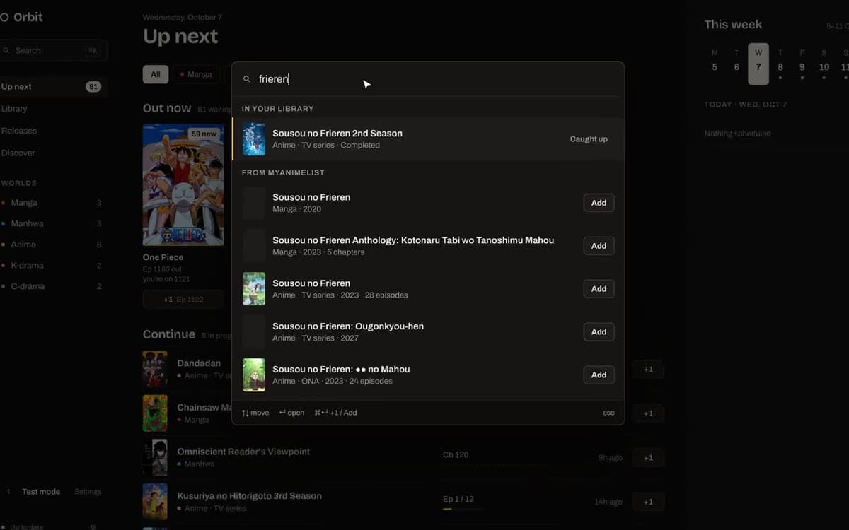 Orbit's search over the Up next page, listing a title in the library and results from MyAnimeList.