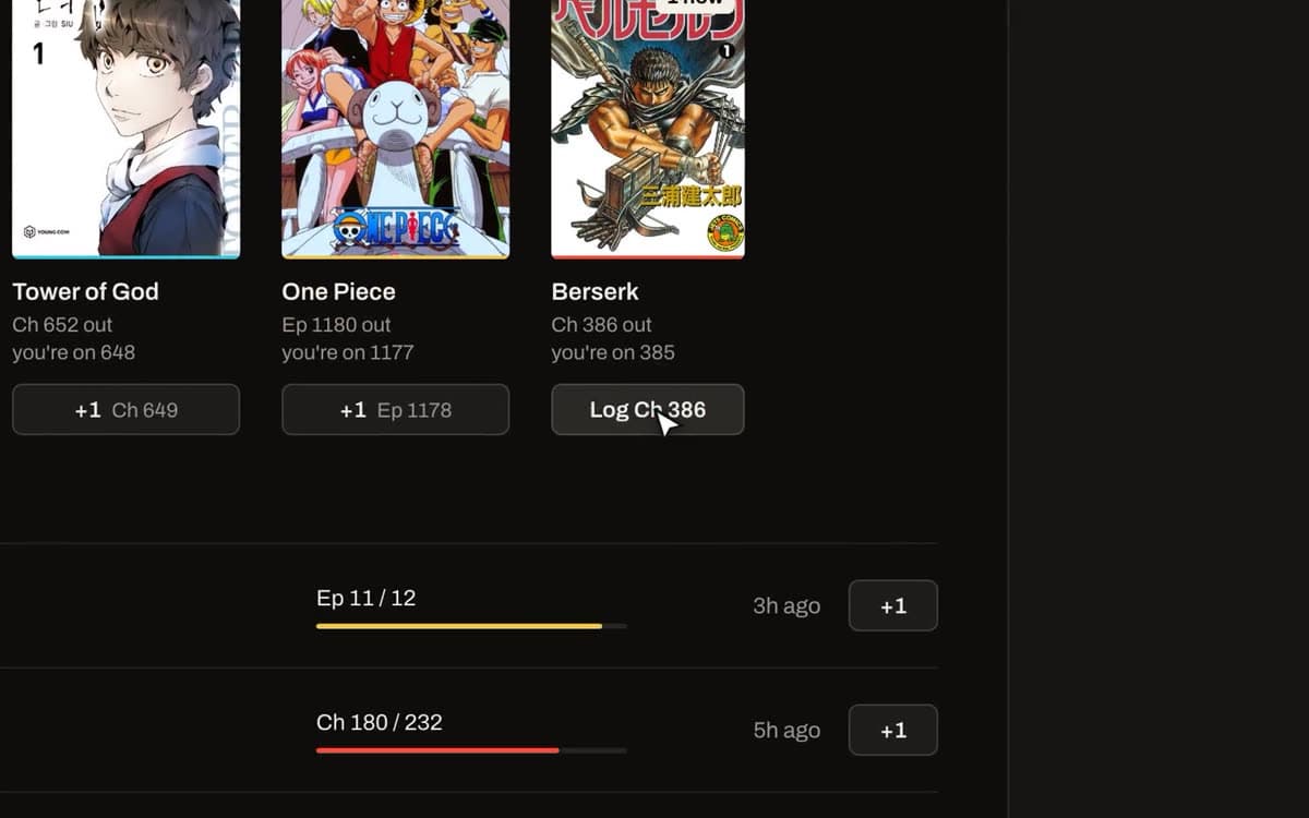 The Out now row, with a button to log each new chapter or episode.