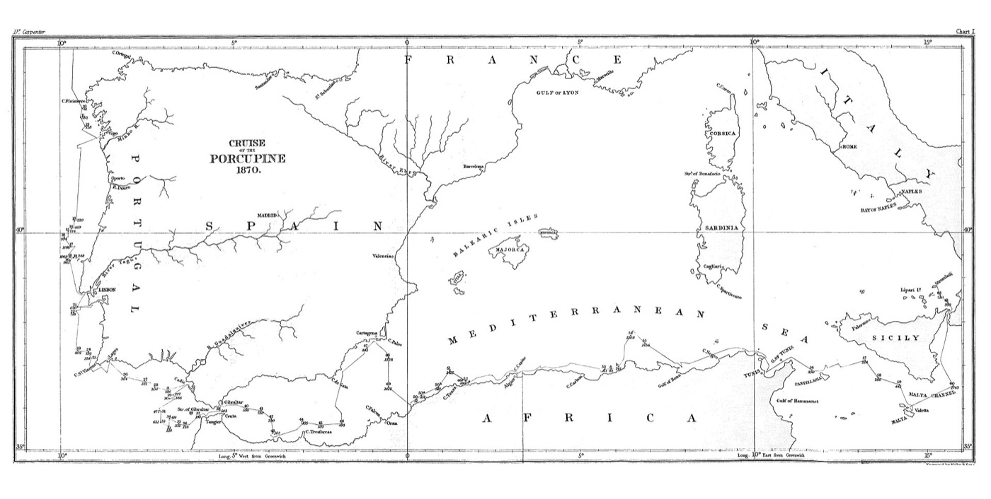 An 1870 bathymetric chart of the western Mediterranean from the cruise of HMS Porcupine, with sounding depths dotted along the coastlines.